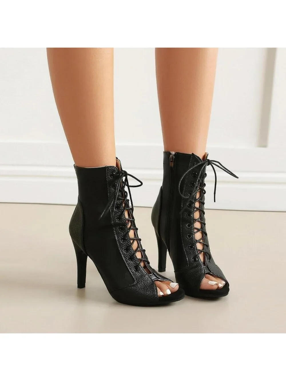 Women's Black Buckle Lace Up Mesh Sandal Peep Toe High Heel Ankle Boot